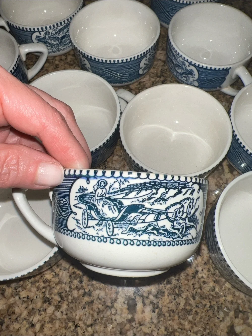Set of 13 Vintage Royal Blue China Currier & Ives Coffee Cups Horse Buggy Mug